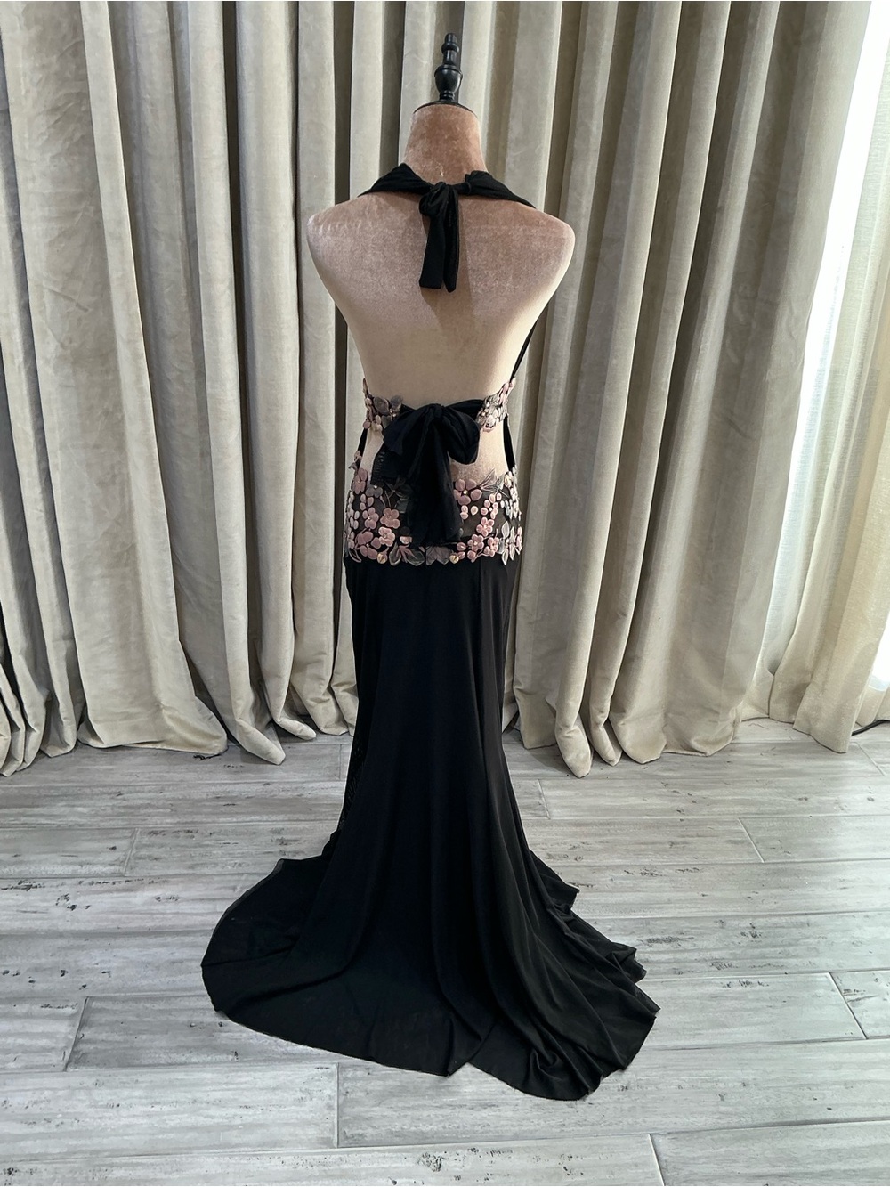 Black Halter Evening Gown with Pink Floral Embroidery - Picture 8 of 15